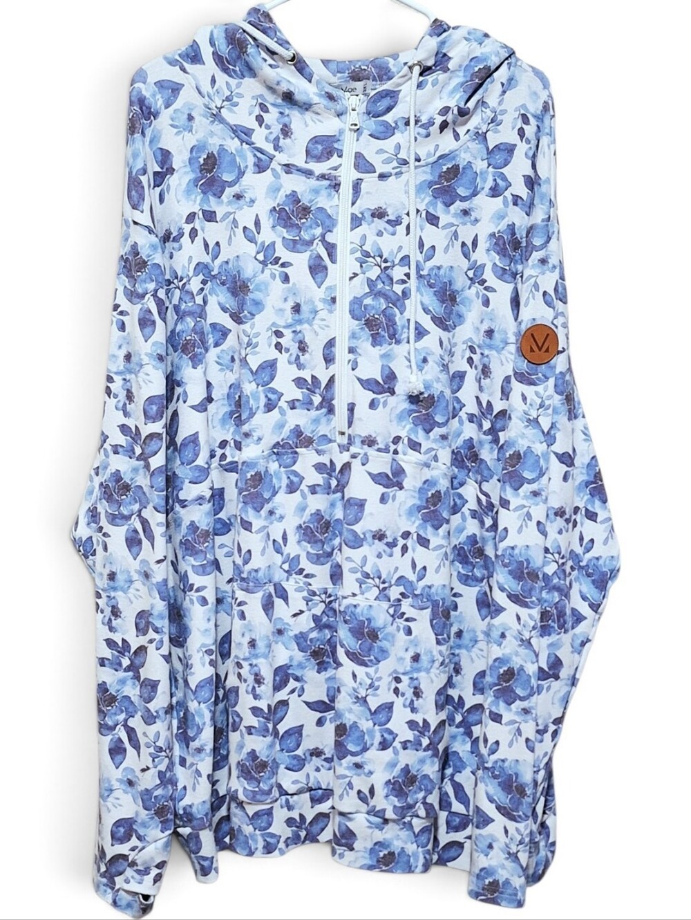 Women's Blue Floral 1/2 Zip Up Plus Size Hoodie~3XL